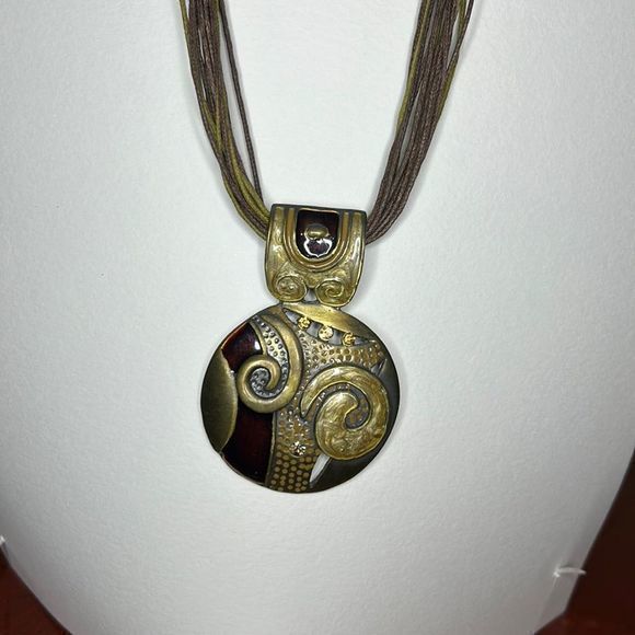 Brown/Bronze swirl‎ pendant with rhinestones on a multi corded necklace - Picture 2 of 9